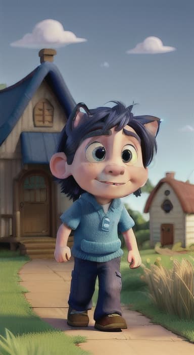  {Max walking back towards the cozy little house with droopy eyes, as twilight falls, The big blue dog is large with sky blue fur, big round eyes, a black nose, and floppy ears.