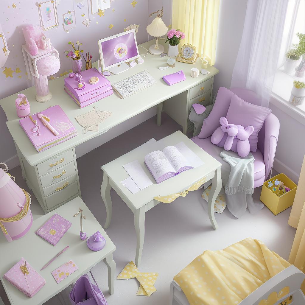  Masterpiece, best quality, design a suitable for 30-year-old female aesthetic background picture of goods, using bright purple as the main color, complementary colors for light yellow or light gray. Background contains small stars, doll bear, Coolomie toys and other decorations, lovely pen container placed on the desk, table lamp, books, potted plants, etc. Curtains are light yellow and decorated with stars, shot from the side of the desk, highlighting desktop ornaments and curtain details. Add soft lighting effects, shadows and reflections of objects, desk and curtain textures, and slightly fluttering dynamic elements. Make sure the overall color is harmonious, blur the background and process the view outside the window, add small life dec