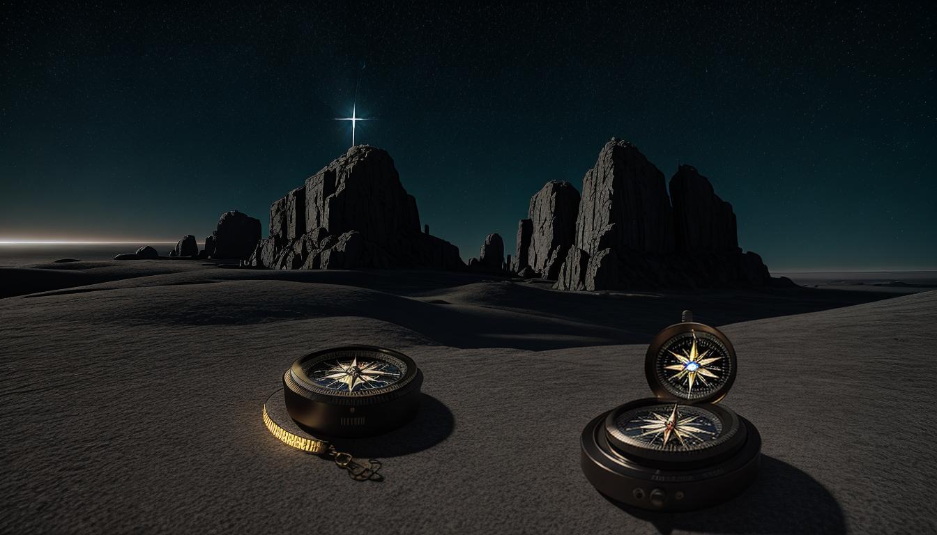  cinematic, aesthetic, A compass with a glowing north star, symbolizing a rock solid moral compass, precise details on the compass, guiding light, moral strength, 4k, HDR, lens flare