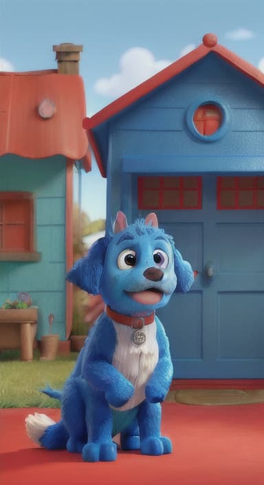  {Max the big blue dog standing in front of a cozy little house with a red door, The big blue dog is large with sky blue fur, big round eyes, a black nose, and floppy ears.