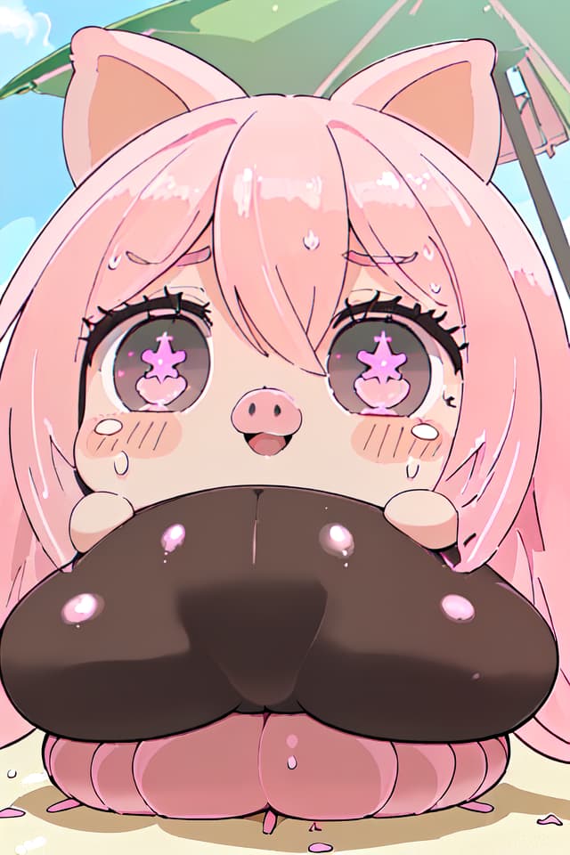  extremely obese girl、pink colored hair、((bright deep pink colored drooping pig's ears:1.4、ultra detailed plump & fat face sweaty smile:1.4、ultra detailed shiny black skin girl:1.4))、(((on the beach:1.4、barbecue:1.4)))、(、eating a lot of barbecue)、dutch angle、best quality:1.4、masterpiece:1.4、ultra detailed texture、RAW photorealistic、absurd resolution、8K illustration、💩、💩、💩、💩、💩、💩、