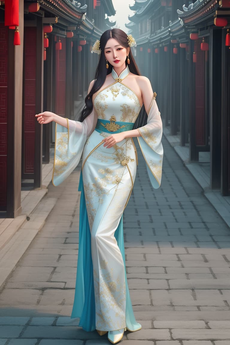  gufeng,bare shoulders,best quality,masterpiece,ultra high res,A beautiful with a Chinese face,solo,elegantly standing on the attic of an ancient Chinese building,looking diagonally at the streets,(medium s:1.1),age,Glossy hair,shiny hair,Hair fs,(full body), on,(:0.7),hanfu,tang style outfits, hyperrealistic, full body, detailed clothing, highly detailed, cinematic lighting, stunningly beautiful, intricate, sharp focus, f/1. 8, 85mm, (centered image composition), (professionally color graded), ((bright soft diffused light)), volumetric fog, trending on instagram, trending on tumblr, HDR 4K, 8K