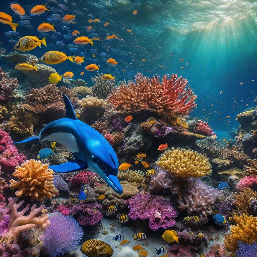  masterpiece, best quality, Most Beautiful in deep sea teeming with vibrant corals, diverse marine life, and enchanting underwater landscapes, full of corals, acrophore, small fishes, anemones, dolphin, various algaes, caves, colorful,all captured in stunning 8k resolution with intricate details.