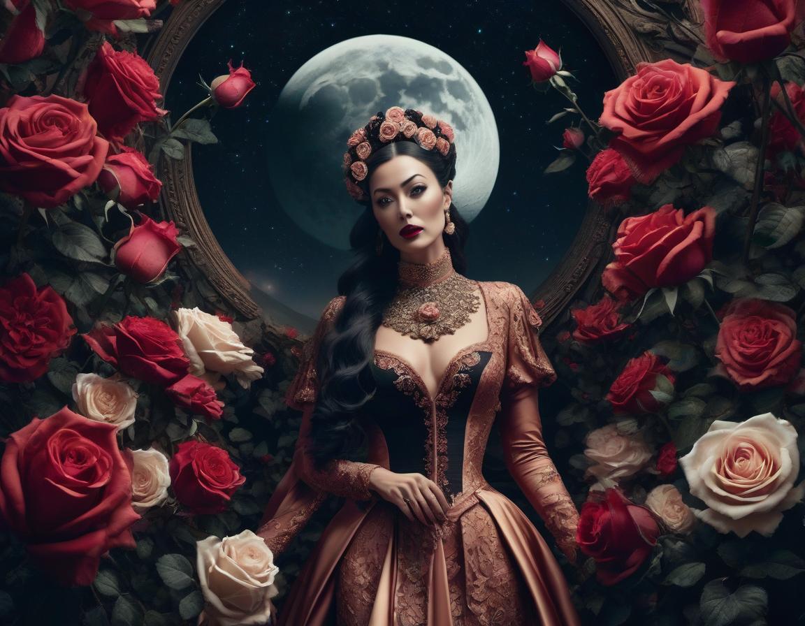  surrealist art An elaborate digital artwork of a woman in vintage attire with roses and a lunar backdrop. . dreamlike, mysterious, provocative, symbolic, intricate, detailed hyperrealistic, full body, detailed clothing, highly detailed, cinematic lighting, stunningly beautiful, intricate, sharp focus, f/1. 8, 85mm, (centered image composition), (professionally color graded), ((bright soft diffused light)), volumetric fog, trending on instagram, trending on tumblr, HDR 4K, 8K