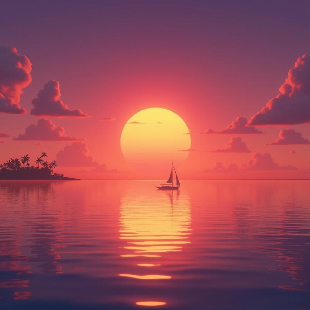  masterpiece pixar nickelodeon cartoon of a "picture a fantastic sunset over the ocean, where the sky is painted in bright shades of orange, pink and purple. on the horizon, a sailboat is seen, slowly sailing on calm water, which reflects all the colors of the sunset. in the distance, against the sky, you can discern the silhouette of a small island with palm trees., highly detailed, by pixar, ultra detailed, gorgeous, 3d zbrush, trending on dribbble, 8k render