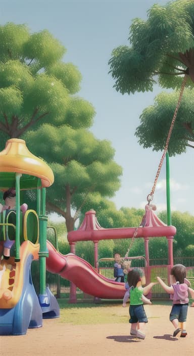  {Children playing in a sunny park with swings and slides., Same group of happy children, now wearing casual play clothes.