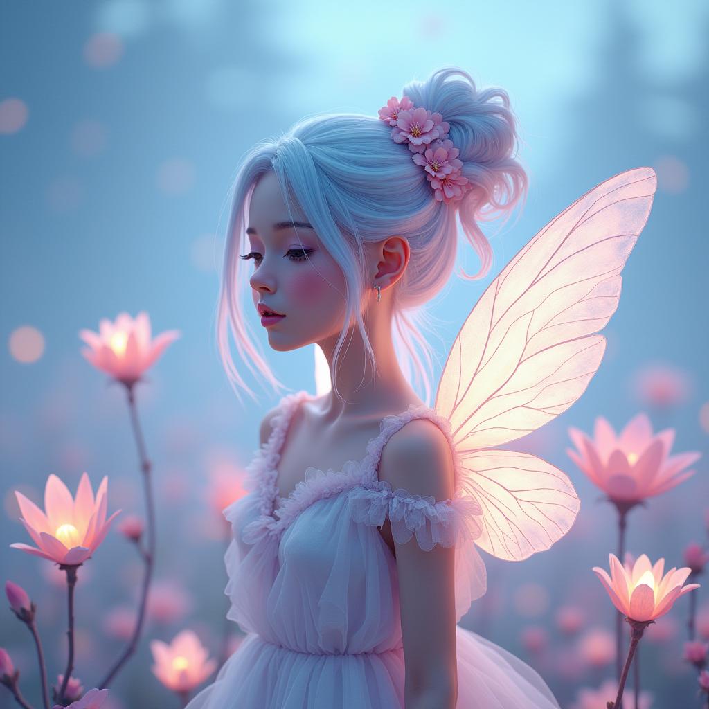  good quality, high quality, a whimsical and ethereal fairy character. the character has delicate, translucent wings with glowing accents, creating an enchanting, magical vibe. her hair is light and voluminous, with pastel shades of pink and blue, styled up and adorned with flowers. her attire is minimalist, crafted from petals or delicate, flowing floral designs. the scene is filled with glowing flowers and soft, luminous colors, giving the image a serene, dreamlike atmosphere, with a twilight or dawn like sky in the background. the overall aesthetic blends fantasy, light, and nature in a very graceful manner.