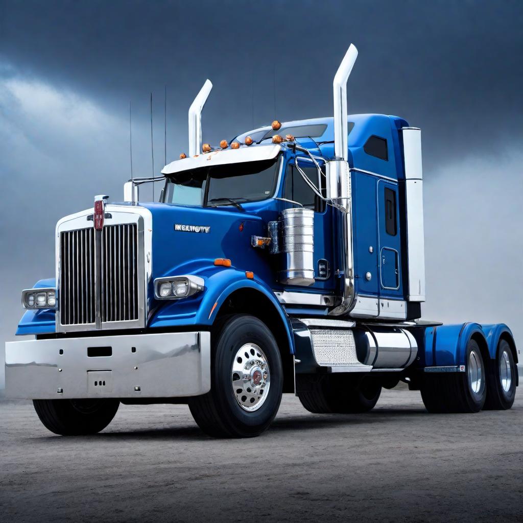  An all blue Kenworth 909 truck with a great chrome bull bar. hyperrealistic, full body, detailed clothing, highly detailed, cinematic lighting, stunningly beautiful, intricate, sharp focus, f/1. 8, 85mm, (centered image composition), (professionally color graded), ((bright soft diffused light)), volumetric fog, trending on instagram, trending on tumblr, HDR 4K, 8K