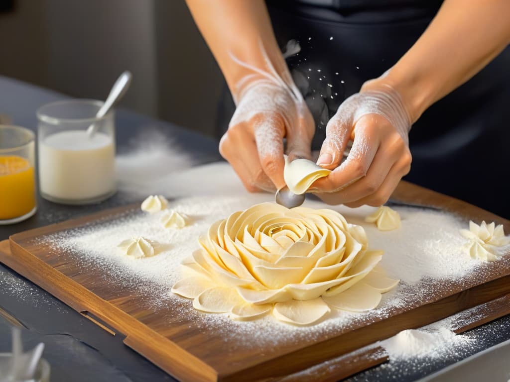  A closeup, ultradetailed image of a baker's hands meticulously shaping a delicate rose from leftover pastry dough, showcasing the intricate details and dedication involved in sustainable baking practices. The hands are adorned with flour dust, emphasizing the artisanal and ecofriendly approach to pastry making. The background is a soft focus of a bustling kitchen, with hints of stainless steel appliances and colorful ingredients neatly arranged, hinting at a harmonious blend of creativity and sustainability. hyperrealistic, full body, detailed clothing, highly detailed, cinematic lighting, stunningly beautiful, intricate, sharp focus, f/1. 8, 85mm, (centered image composition), (professionally color graded), ((bright soft diffused light)), volumetric fog, trending on instagram, trending on tumblr, HDR 4K, 8K