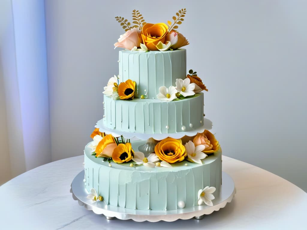  A photorealistic image of an elegant threetiered wedding cake intricately decorated with cascading sugar flowers in pastel colors, delicate lace piping, and shimmering edible gold accents. The cake is displayed on a silver pedestal stand against a soft focus background of a romantic wedding setting, with flickering candlelight and a hint of floral arrangements. The attention to detail in the sugar work and the overall composition exudes sophistication and craftsmanship, making it a perfect fit for a special occasion like a wedding. hyperrealistic, full body, detailed clothing, highly detailed, cinematic lighting, stunningly beautiful, intricate, sharp focus, f/1. 8, 85mm, (centered image composition), (professionally color graded), ((bright soft diffused light)), volumetric fog, trending on instagram, trending on tumblr, HDR 4K, 8K