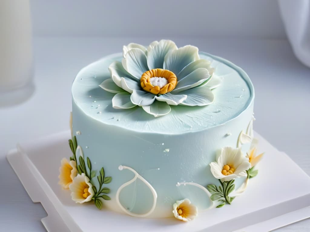  A closeup, ultradetailed image of a delicate, intricately designed sugar flower atop a perfectly frosted cake. The image captures the fine details of the flower petals, showcasing the craftsmanship and artistry involved in creating such a masterpiece. The soft pastel colors contrast beautifully with the white frosting, creating a visually stunning and elegant composition that epitomizes the creativity and innovation in pastry decoration. hyperrealistic, full body, detailed clothing, highly detailed, cinematic lighting, stunningly beautiful, intricate, sharp focus, f/1. 8, 85mm, (centered image composition), (professionally color graded), ((bright soft diffused light)), volumetric fog, trending on instagram, trending on tumblr, HDR 4K, 8K