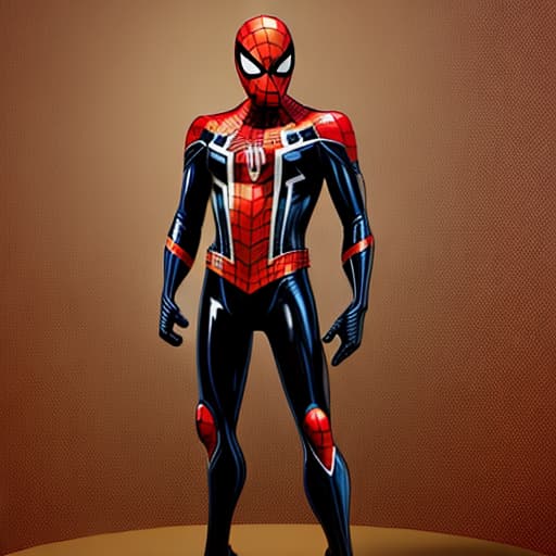  Glossy, metallic spider-man suit which is mostly black but with gold web lining