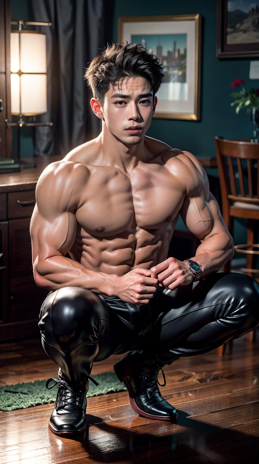  Best quality, masterpiece, ultra high res, (photorealistic:1.4), raw photo, (realistic skin), ((((masterpiece)))), best quality, very high resolution, ultra detailed, in frame, , , student, boy, handsome, Korean, muscular, pose emphasizing s, , squat, , obliques, biceps, quadriceps, hamstrings, eight pack, transparent , deep shadow, dramatic lighting