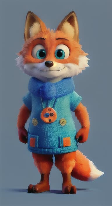  {Error the fox pressing the blue button with his paw, looking puzzled as nothing occurs., Error is a small, bright orange fox with a fluffy tail and big, inquisitive eyes. He has a mischievous yet kind expression and wears a tiny green scarf.