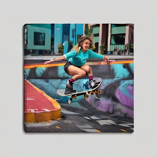  A high resolution digital painting of a female skateboarder performing a kickflip, vibrant colors, dynamic motion, urban background, cinematic lighting, inspired by street art style Digital painting, advanced detail processing ar 3:4