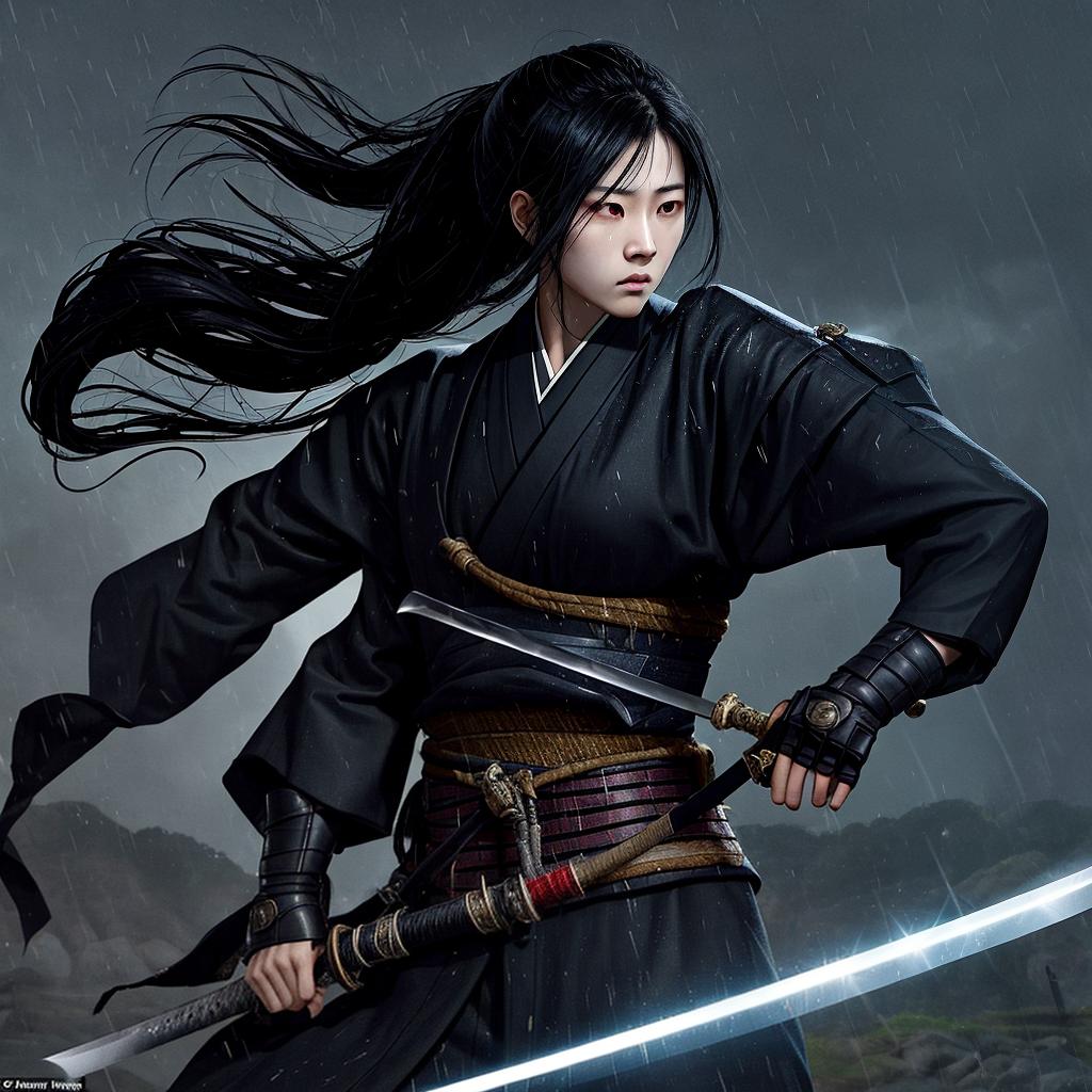  Masterpiece, best quality, long black hair, female warrior with cold eyes, Japanese style clothes, equipped with a katana, standing in the rain, God lost in the sword, the sword has evil spirits wrapped around it, corpses are everywhere behind it, the woman's eyes show a blue glow in the night