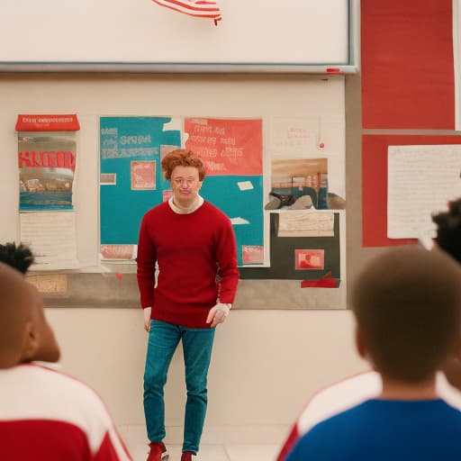 analog style realistic image of medium skin toned male entrepreneur wearing a red and white sweater and dark blue jeans and red and white shoes standing and teaching a small group of black elementary  youth inside a clroom.