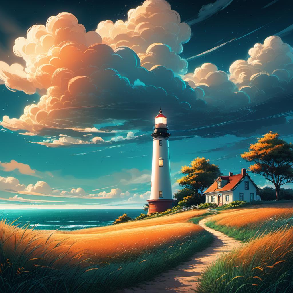  Grasslands with lighthouse, clouds, vivid, highly detailed, anime style, hand-drawn, combined with digital art, night, whimsical, (enchanting atmosphere:1.1), warm lighting , depth of field, Wacom Cintiq, Adobe Photoshop, 300 DPI, (hdr:1.2), (teal and orange:0.5)