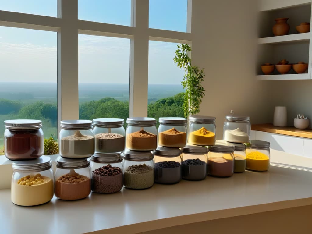  An 8k ultradetailed image of a sleek and modern kitchen with a marble countertop filled with glutenfree baking ingredients neatly organized in glass jars. The sunlight streams in through a large window, casting a warm glow over the scene and highlighting the textures of the ingredients. A stack of beautifully designed glutenfree baking cookbooks sits on the counter, with one book prominently displayed open to a page with a mouthwatering glutenfree dessert recipe. The overall aesthetic is minimalist and elegant, conveying a sense of sophistication and inspiration for glutenfree baking enthusiasts. hyperrealistic, full body, detailed clothing, highly detailed, cinematic lighting, stunningly beautiful, intricate, sharp focus, f/1. 8, 85mm, (centered image composition), (professionally color graded), ((bright soft diffused light)), volumetric fog, trending on instagram, trending on tumblr, HDR 4K, 8K