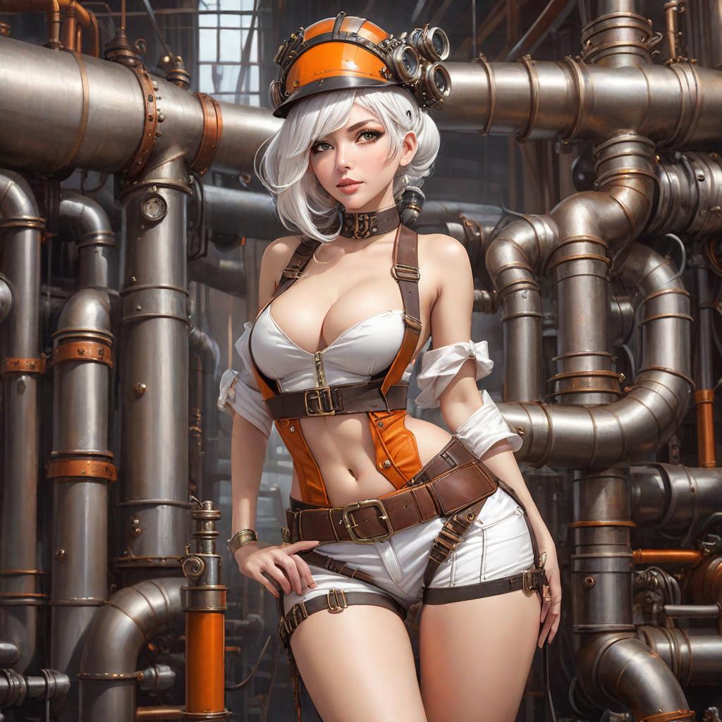 steampunk style, young woman, long pipes, an orange work helmet on her head, bent over, tilted pose, face detailing, seductively looks at the viewer, cheeky bitch with lustful facial expression, bright white hair, shows bare, realistic skin, smail, happy, in shorts, belts, suspenders,  steampunk factory,  steam mechanisms, best quality, masterpiece, intricate details, hdr, (depth of field:1.3), hyperdetailed, (muted colors, smoothing tones:1.3), the style of the image is realistic and was shot on a professional canon eos 5d mark iv camera. each subject is highly detailed and sharp, providing uhd quality with 4k level detail., cute, hyper detail, full HD hyperrealistic, full body, detailed clothing, highly detailed, cinematic lighting, stunningly beautiful, intricate, sharp focus, f/1. 8, 85mm, (centered image composition), (professionally color graded), ((bright soft diffused light)), volumetric fog, trending on instagram, trending on tumblr, HDR 4K, 8K