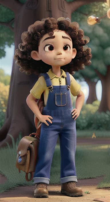  {Riley standing under the tree with eyes closed, making the wish., Riley, a curious with big brown eyes and curly hair, wearing overalls and carrying a small backpack. Their friend, Skye, a bluebird with shiny feathers.