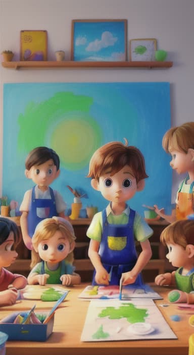  {Children gathered around a table full of paints, brushes, and paper., Kids wearing aprons, concentrating on their painting with bright colors on paper.