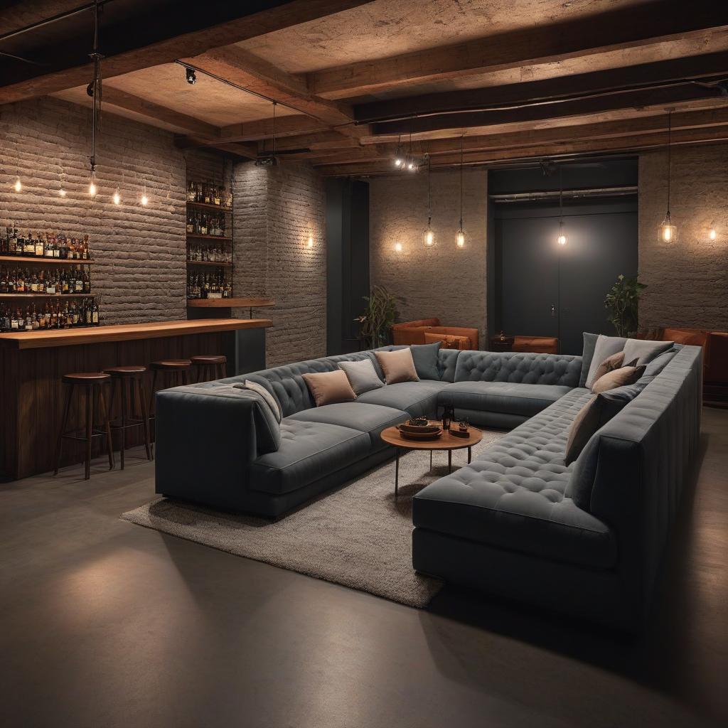  "Create a long room in the basement without windows with a bar counter and a comfortable minimalist couch." hyperrealistic, full body, detailed clothing, highly detailed, cinematic lighting, stunningly beautiful, intricate, sharp focus, f/1. 8, 85mm, (centered image composition), (professionally color graded), ((bright soft diffused light)), volumetric fog, trending on instagram, trending on tumblr, HDR 4K, 8K