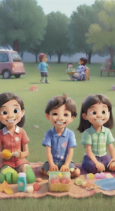  {Kids sitting around a picnic blanket, enjoying juice boxes and snacks., Children happily eating snacks, with crumbs on their faces and big smiles.