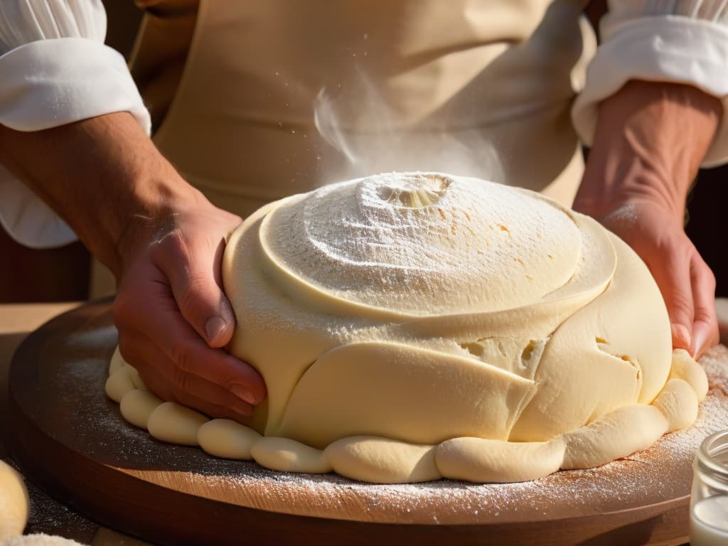  A closeup, photorealistic image of a baker's hands expertly kneading a dough, showcasing the stretchy strands of gluten forming and creating a beautifully elastic texture. The hands are dusted with flour, and the dough glistens under the soft warm light, highlighting the importance of gluten in pastry making. This image captures the precise moment when the dough is perfectly balanced, ready to be shaped into delectable baked goods. hyperrealistic, full body, detailed clothing, highly detailed, cinematic lighting, stunningly beautiful, intricate, sharp focus, f/1. 8, 85mm, (centered image composition), (professionally color graded), ((bright soft diffused light)), volumetric fog, trending on instagram, trending on tumblr, HDR 4K, 8K