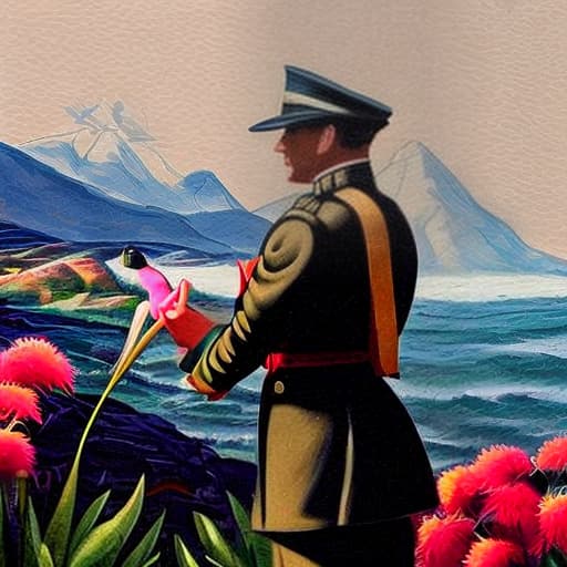  necesito un dibujos de una gaviota, que tenga uniforme de Carabinero de chile haciendo un saludo militar... como fondo el reloj de flores de viña del mar