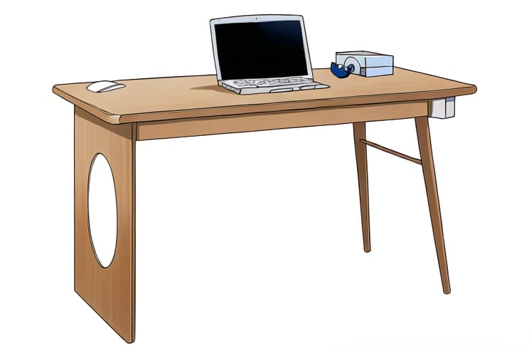  a cartoon desk,and a computer and a book on the desk,a clean and crisp anime illustration with bold outlines, smooth shading,cell shaded, crisp ,flat colors, and a minimalistic background.