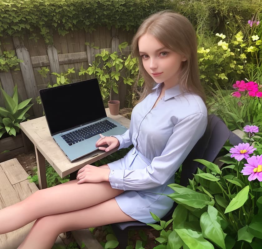  Beautiful girl sits working on the laptop in the garden