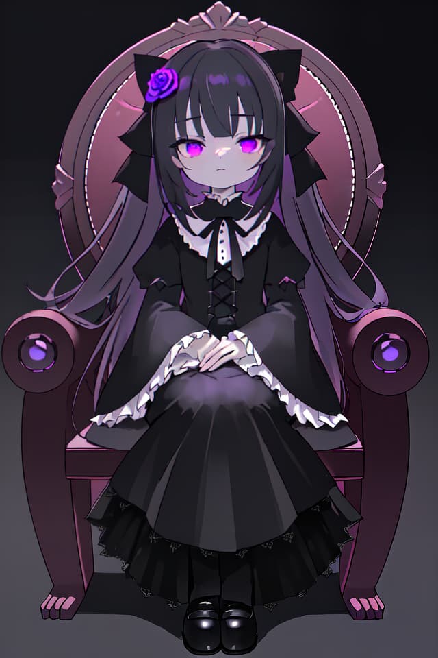  hyper detailed,ultra detailed,detailed,high quality,best quality,absurdres,highres,a girl,sleepy,sitting,looking up,long hair,hime cut,black hair,purple eyes,tareme,jitome,fair skin,short,slim,gothic lolita,dress,gray background,gradient black background,with a kingchair,purple rose,at night,dark fantasy,full body shot,from front,ground level shot,moonlight,bloom,dark colors