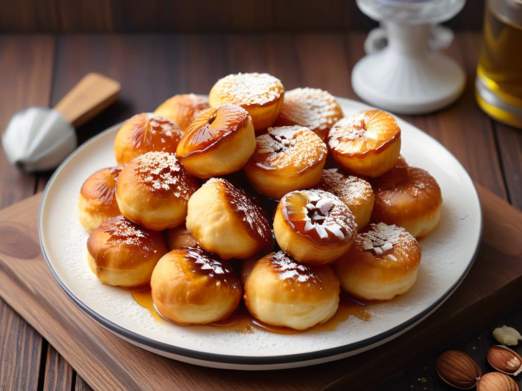  An ultradetailed photorealistic image of a plate of goldenbrown loukoumades, traditional Greek honey puffs, drizzled with rich honey and sprinkled with crushed nuts. The loukoumades are perfectly round, with a crispy exterior and fluffy interior, glistening under warm lighting to enhance the texture and shine of the honey. The plate is set against a rustic wooden background, with a subtle hint of powdered sugar dusted around for an artistic presentation. hyperrealistic, full body, detailed clothing, highly detailed, cinematic lighting, stunningly beautiful, intricate, sharp focus, f/1. 8, 85mm, (centered image composition), (professionally color graded), ((bright soft diffused light)), volumetric fog, trending on instagram, trending on tumblr, HDR 4K, 8K