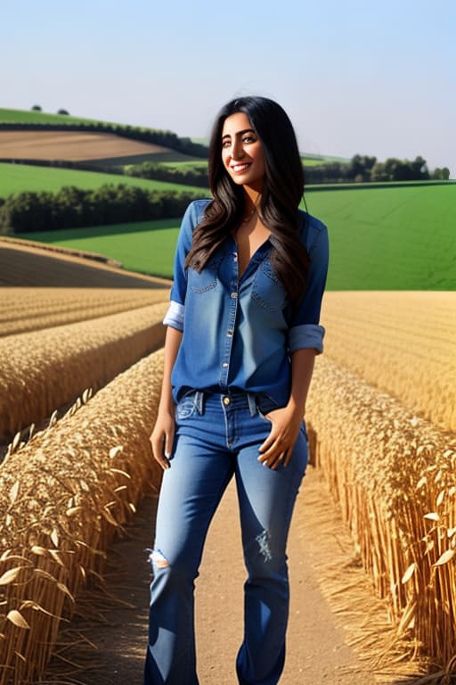  Middle eastern female, jeans, full body picture, wheat field, farm