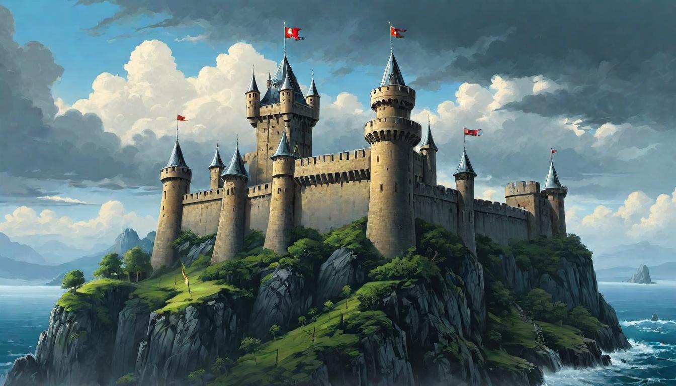  （surrealism)A mighty fortress, towering and fortified, banners fluttering in the breeze, symbol of strength and leadership, imposing, grand, resilience mystic, intricate details, best quality)