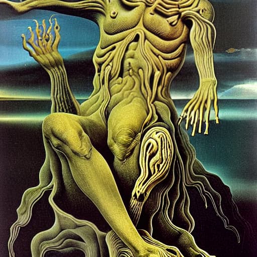  High Relief,by Salvador Dali,realistic version of RA disturbing image of a heavily decomposing goul crawling out of the grave, heavy raining with mud (human body in a metamorphosis state)Professional