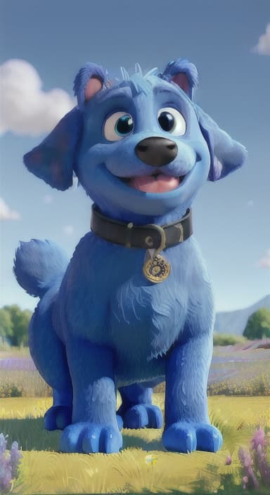  {A happy, big blue dog wagging its tail in a colorful meadow, The big blue dog is large with sky blue fur, big round eyes, a black nose, and floppy ears.