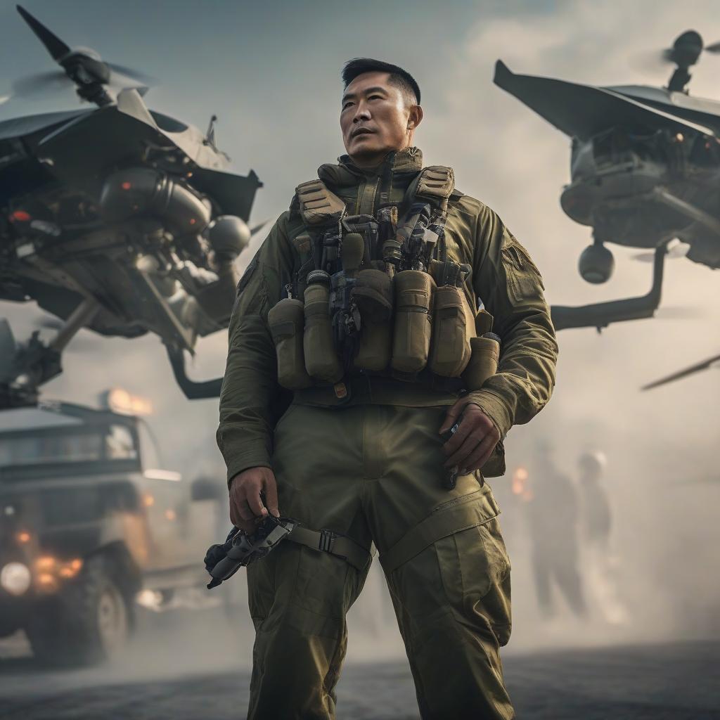  A Chinese man in military uniform, a drone is flying. hyperrealistic, full body, detailed clothing, highly detailed, cinematic lighting, stunningly beautiful, intricate, sharp focus, f/1. 8, 85mm, (centered image composition), (professionally color graded), ((bright soft diffused light)), volumetric fog, trending on instagram, trending on tumblr, HDR 4K, 8K