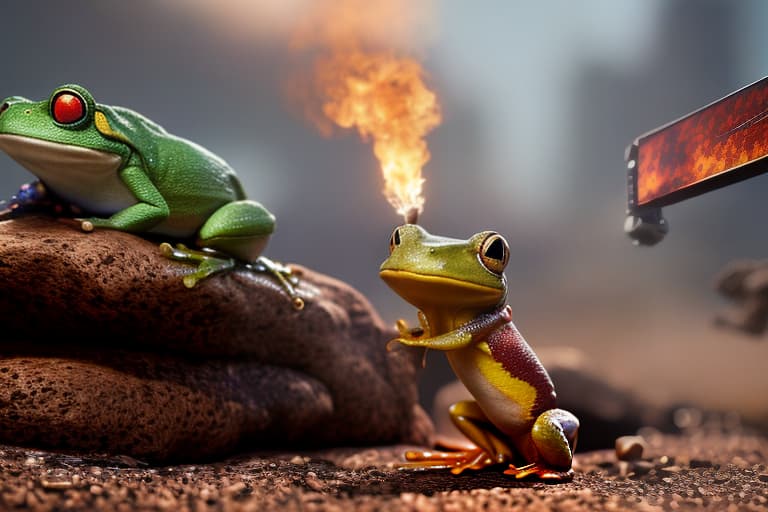 redshift style A frog wielding a rocket-launcher from a video game. hyperrealistic, full body, detailed clothing, highly detailed, cinematic lighting, stunningly beautiful, intricate, sharp focus, f/1. 8, 85mm, (centered image composition), (professionally color graded), ((bright soft diffused light)), volumetric fog, trending on instagram, trending on tumblr, HDR 4K, 8K