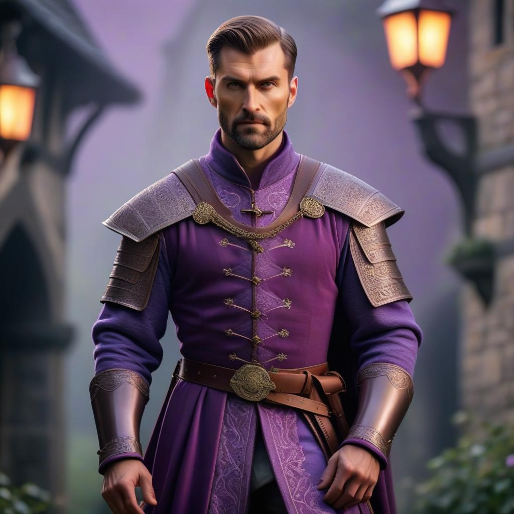  Outfit for a tall man in a medieval style in purple colors elaborate. hyperrealistic, full body, detailed clothing, highly detailed, cinematic lighting, stunningly beautiful, intricate, sharp focus, f/1. 8, 85mm, (centered image composition), (professionally color graded), ((bright soft diffused light)), volumetric fog, trending on instagram, trending on tumblr, HDR 4K, 8K