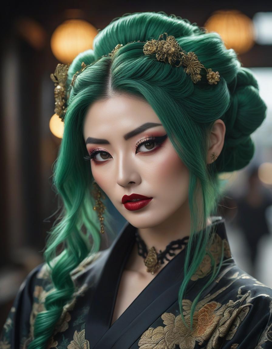  expressionist Gorgeous fluid, realistic and intricate, high definition portrait of a Gothic Geisha with realistic, clear eyes and detailed green hair, high resolution, photorealistic, Nikon Z9, 85mm F1.2, DOF, sharp focus very detailed and extremely beautiful. Intricate photorealistic 8k winning photography masterpiece, ultra detailed high definition sharp quality focused in hdr Ultra realistic, HR Ginger . raw, emotional, dynamic, distortion for emotional effect, vibrant, use of unusual colors, detailed hyperrealistic, full body, detailed clothing, highly detailed, cinematic lighting, stunningly beautiful, intricate, sharp focus, f/1. 8, 85mm, (centered image composition), (professionally color graded), ((bright soft diffused light)), volumetric fog, trending on instagram, trending on tumblr, HDR 4K, 8K