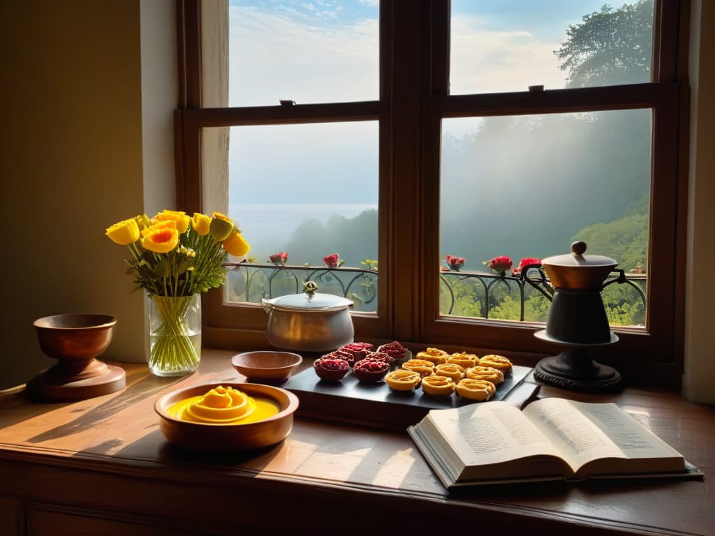  An ultradetailed image of a serene, sunlit kitchen in a historic chateau, featuring a marble countertop with scattered flour dust, antique copper mixing bowls, a vintage cookbook open to a decadent dessert recipe, and a bouquet of fresh flowers in a crystal vase. Sunlight streams through a large window, casting a warm glow on the rustic wooden floor. The setting exudes a sense of timeless elegance and culinary inspiration, inviting viewers to immerse themselves in the art of pastrymaking in a truly iconic location. hyperrealistic, full body, detailed clothing, highly detailed, cinematic lighting, stunningly beautiful, intricate, sharp focus, f/1. 8, 85mm, (centered image composition), (professionally color graded), ((bright soft diffused light)), volumetric fog, trending on instagram, trending on tumblr, HDR 4K, 8K