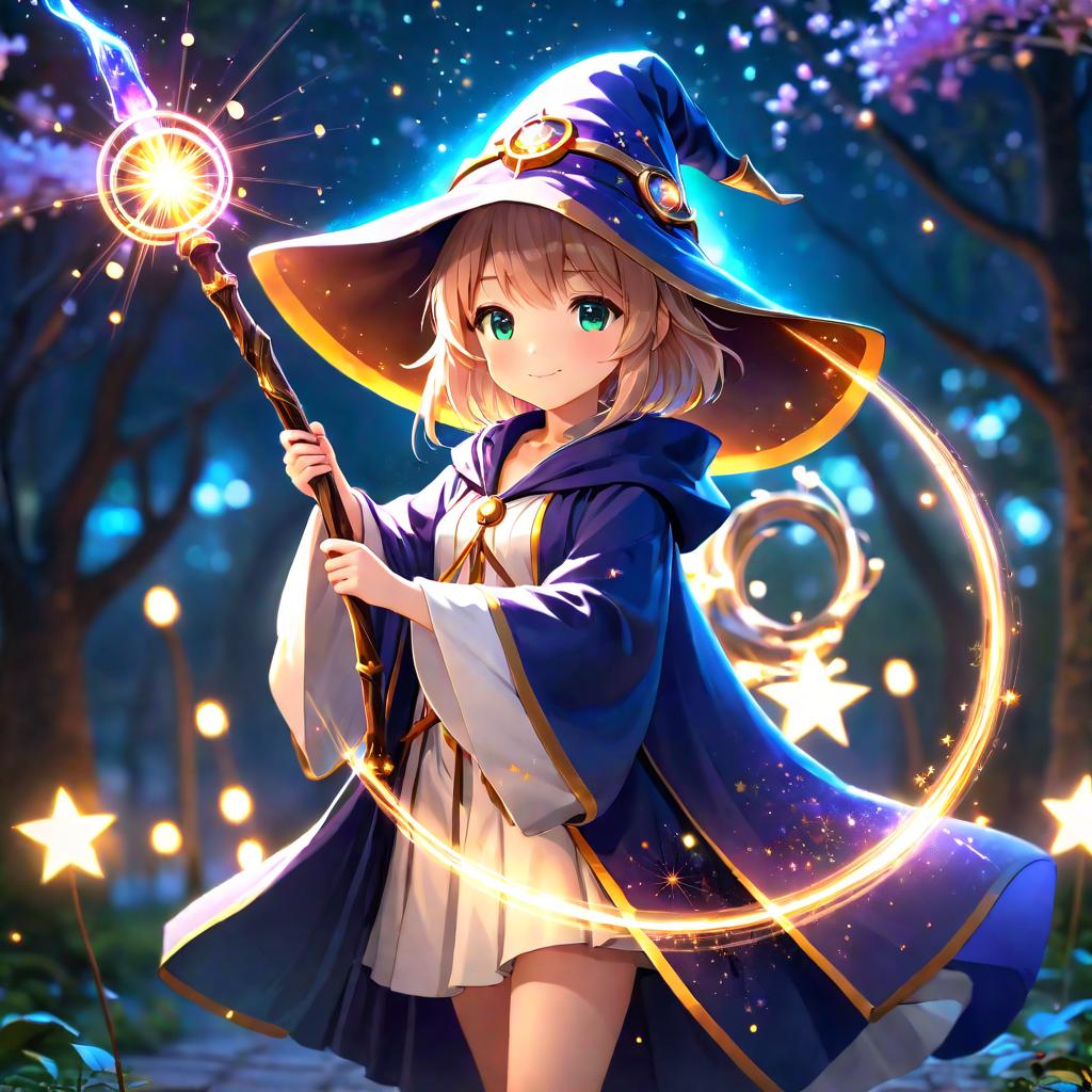  anime, cute girl, wizard hat, robe, holding ancient staff, happy, magic circle, midnight, bloom, ambient occlusion, glow, glowing lights, light particles, bokeh, star, twinkles, transparent, translucent hyperrealistic, full body, detailed clothing, highly detailed, cinematic lighting, stunningly beautiful, intricate, sharp focus, f/1. 8, 85mm, (centered image composition), (professionally color graded), ((bright soft diffused light)), volumetric fog, trending on instagram, trending on tumblr, HDR 4K, 8K