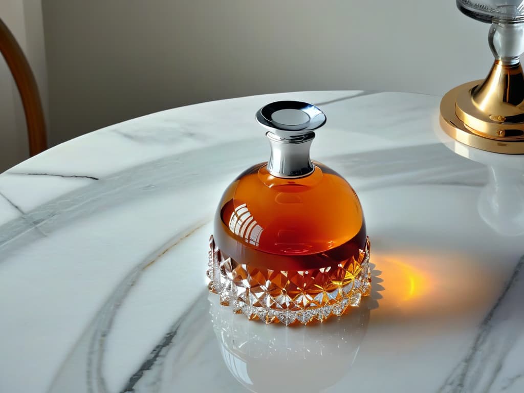  A luxurious crystal glass filled with rich ambercolored cognac, resting on a sleek, polished marble countertop. The warm glow of a sophisticated chandelier above reflects gently on the surface, casting a soft, elegant light on the scene. The intricate details of the glass, the condensation droplets, and the rich hue of the cognac create a captivating and visually appealing image that perfectly embodies the essence of elegance and refinement in desserts with premium liquors. hyperrealistic, full body, detailed clothing, highly detailed, cinematic lighting, stunningly beautiful, intricate, sharp focus, f/1. 8, 85mm, (centered image composition), (professionally color graded), ((bright soft diffused light)), volumetric fog, trending on instagram, trending on tumblr, HDR 4K, 8K