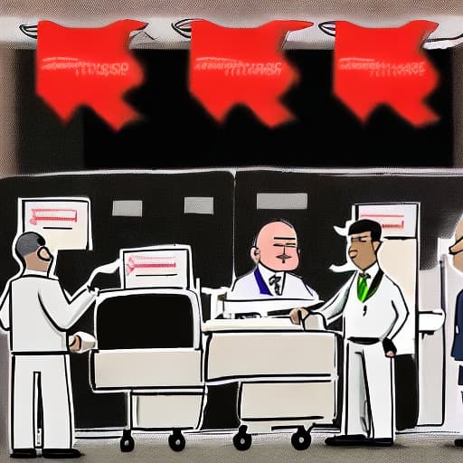  Please draw an anti-corruption cartoon showing hospital executives buying medical equipment at high prices despite objections due to kickbacks with suppliers. Black and white stick figure required, size 16K.