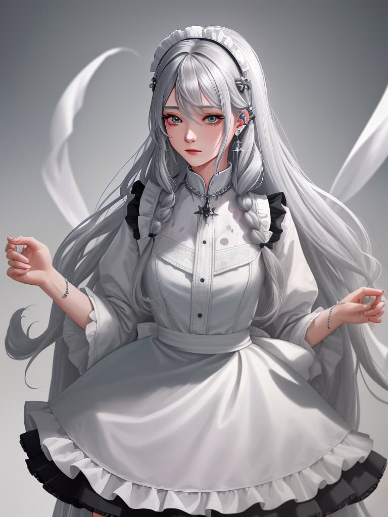  Gray hair, long hair, maid clothes, 2 piercings on the right ear, masterpiece, best quality,8k,ultra detailed,high resolution,an extremely delicate and beautiful,hyper detail