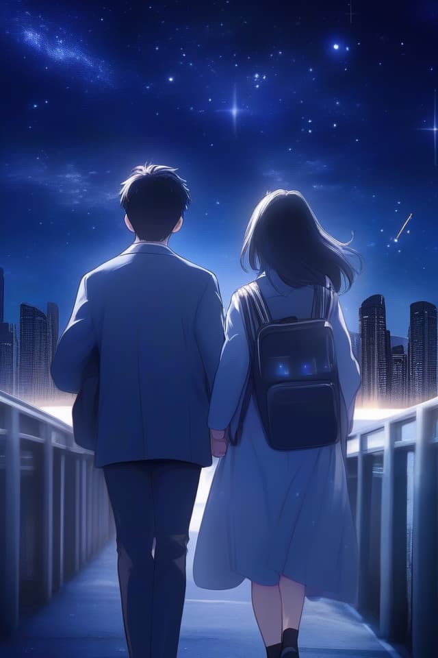  Night sky, uniform, two people are walking, looking at the starry sky, in the back, in the city