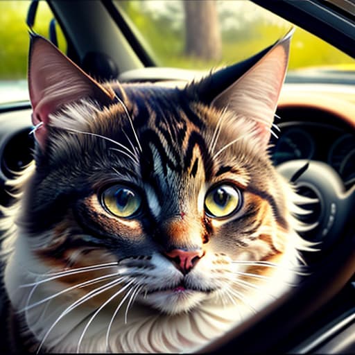  ultra realistic close up portrait, Cat animal driving a car