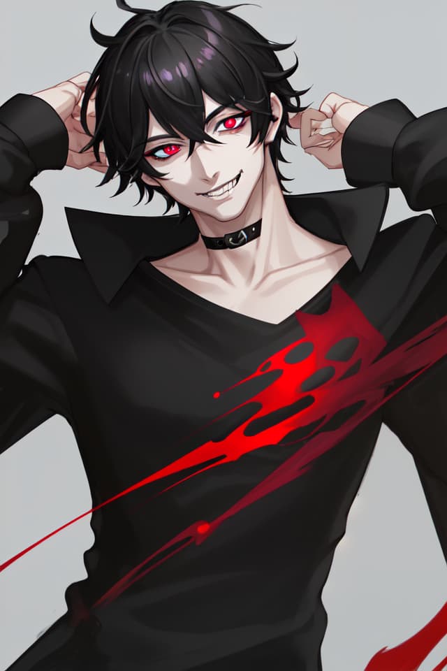  (Male) (bad eyes) (Smile) MALE, 16 Thorpiece, (GOOD LOOKING) GLOSSY BLACK HAR, COLLA r) PSYCHOPATH, SANPAKU EYES , In Red Shirt, High Quality, High Definition, 8k, 16k